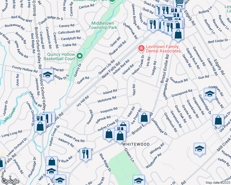 map of restaurants, bars, coffee shops, grocery stores, and more near 44 Inland Road in Levittown