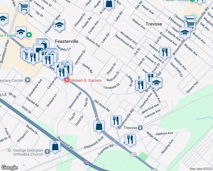 map of restaurants, bars, coffee shops, grocery stores, and more near 528 Lacebark Street in Trevose