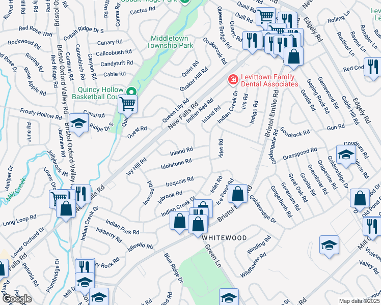 map of restaurants, bars, coffee shops, grocery stores, and more near 44 Inland Road in Levittown
