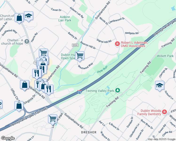 map of restaurants, bars, coffee shops, grocery stores, and more near 1716 Limekiln Pike in Dresher