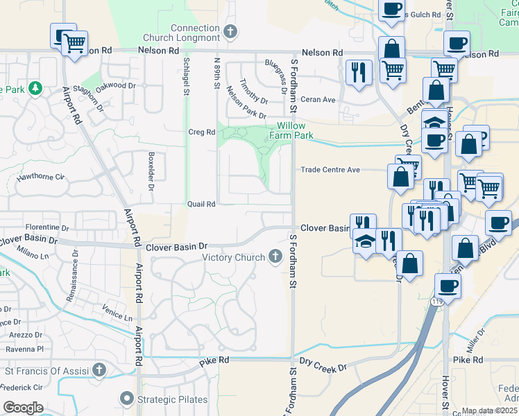 map of restaurants, bars, coffee shops, grocery stores, and more near 3122 Depo Drive in Longmont