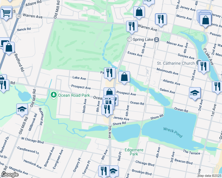 map of restaurants, bars, coffee shops, grocery stores, and more near 405 New Jersey 71 in Spring Lake