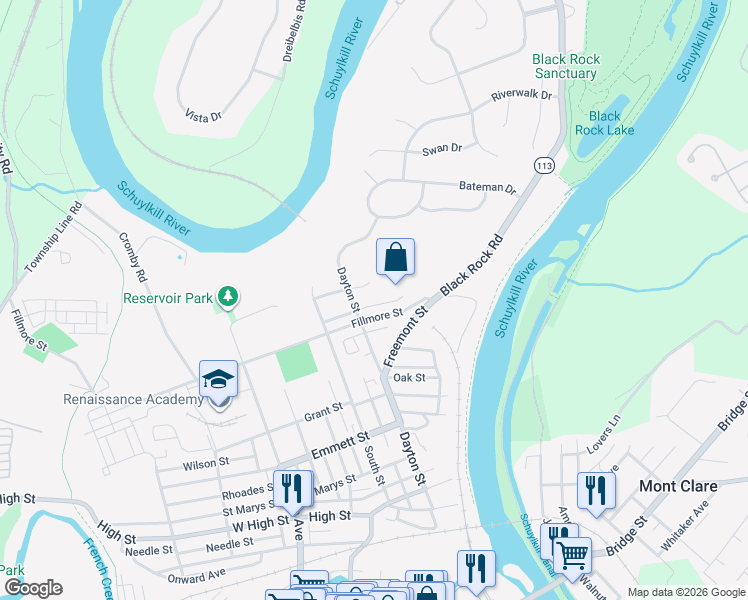 map of restaurants, bars, coffee shops, grocery stores, and more near 1056 Balley Drive in Phoenixville