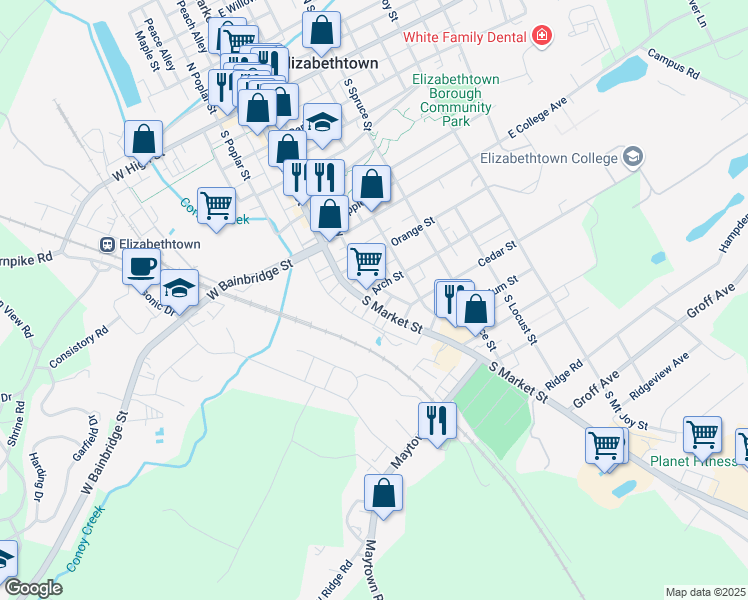 map of restaurants, bars, coffee shops, grocery stores, and more near 7414 Stone Alley in Elizabethtown