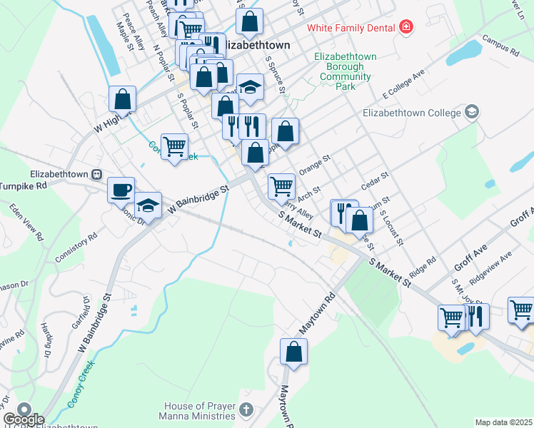 map of restaurants, bars, coffee shops, grocery stores, and more near 626 South Market Street in Elizabethtown