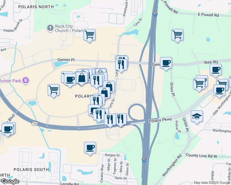 map of restaurants, bars, coffee shops, grocery stores, and more near 8737 Lyra Drive in Columbus