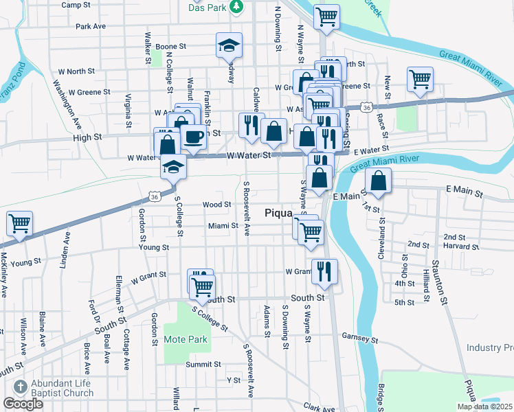 map of restaurants, bars, coffee shops, grocery stores, and more near 224 1/2 South Roosevelt Avenue in Piqua