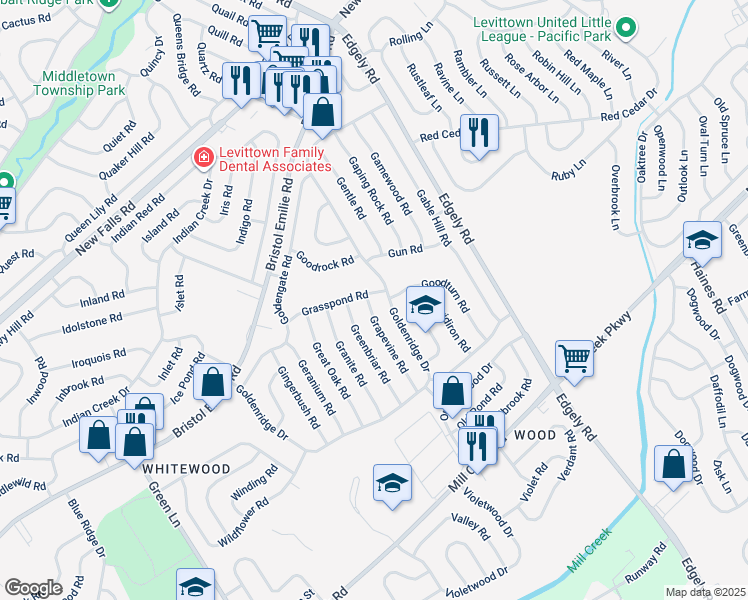map of restaurants, bars, coffee shops, grocery stores, and more near 54 Grasspond Road in Levittown