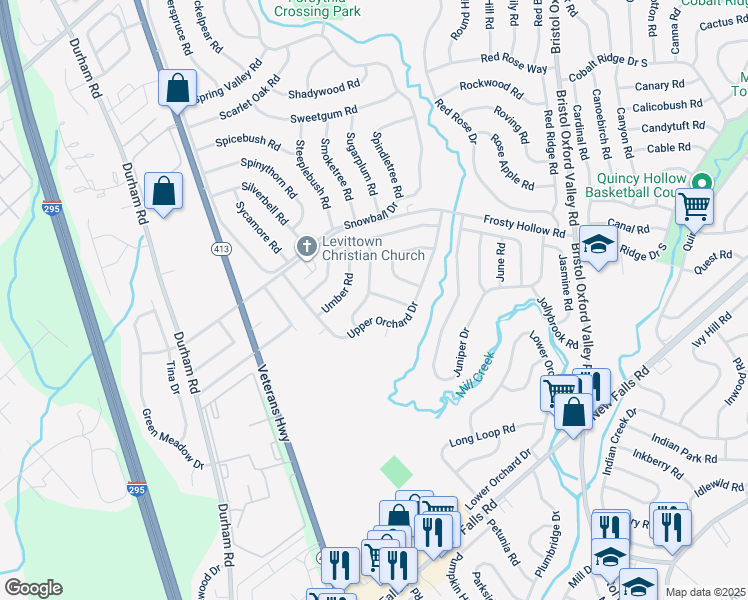 map of restaurants, bars, coffee shops, grocery stores, and more near 23 Uphill Road in Levittown