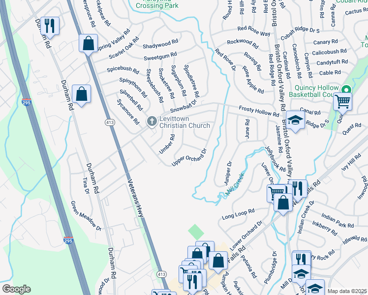 map of restaurants, bars, coffee shops, grocery stores, and more near 23 Uphill Road in Levittown