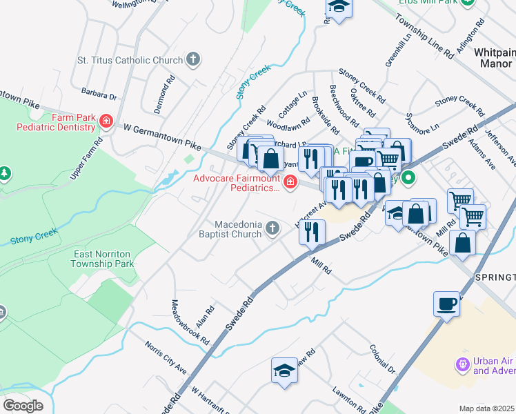 map of restaurants, bars, coffee shops, grocery stores, and more near 223 Farview Road in Norristown