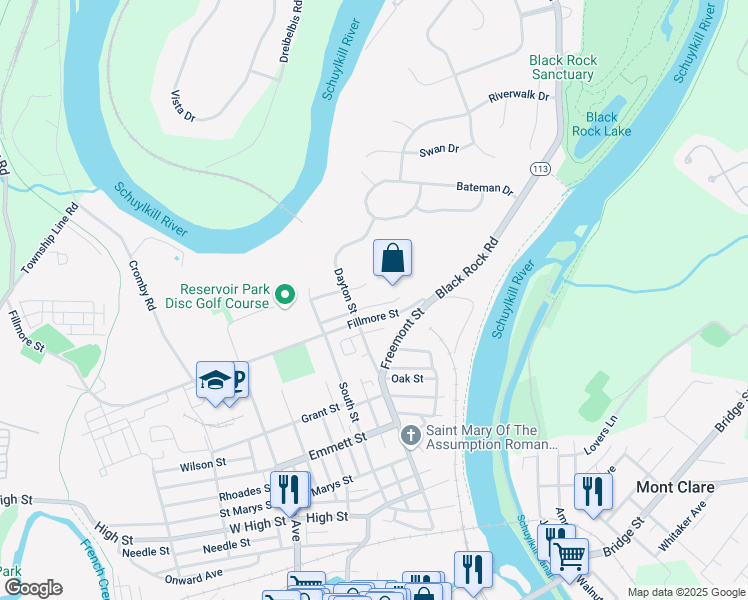 map of restaurants, bars, coffee shops, grocery stores, and more near 1039 Balley Street in Phoenixville