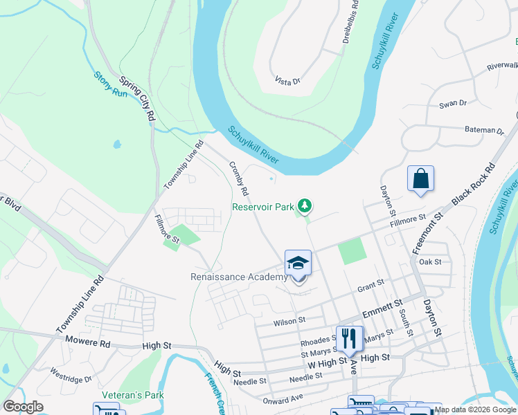 map of restaurants, bars, coffee shops, grocery stores, and more near 14 Cromby Road in Phoenixville