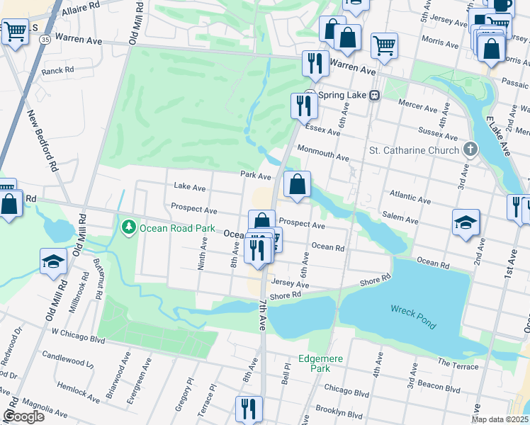 map of restaurants, bars, coffee shops, grocery stores, and more near 405 New Jersey 71 in Spring Lake