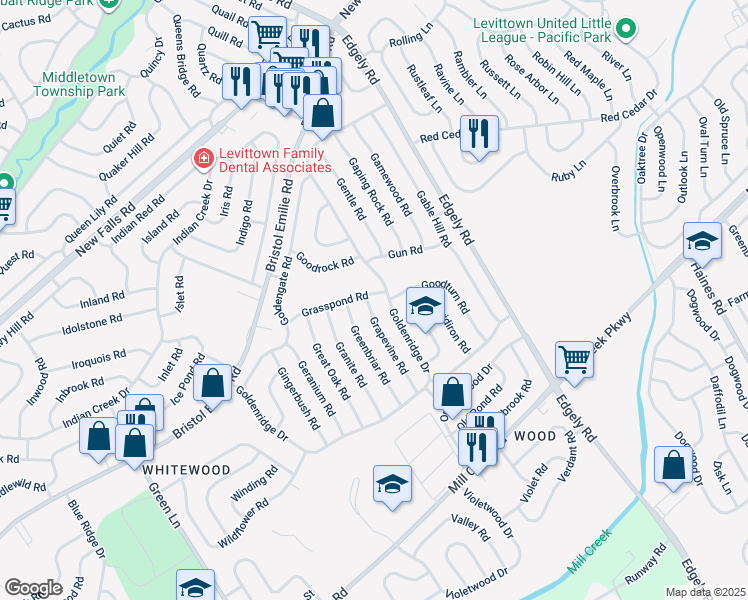 map of restaurants, bars, coffee shops, grocery stores, and more near 54 Grasspond Road in Levittown