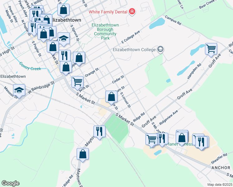 map of restaurants, bars, coffee shops, grocery stores, and more near 230 Plum Street in Elizabethtown