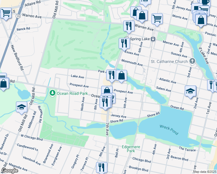 map of restaurants, bars, coffee shops, grocery stores, and more near 405 New Jersey 71 in Spring Lake