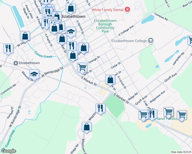 map of restaurants, bars, coffee shops, grocery stores, and more near 752 South Hanover Street in Elizabethtown