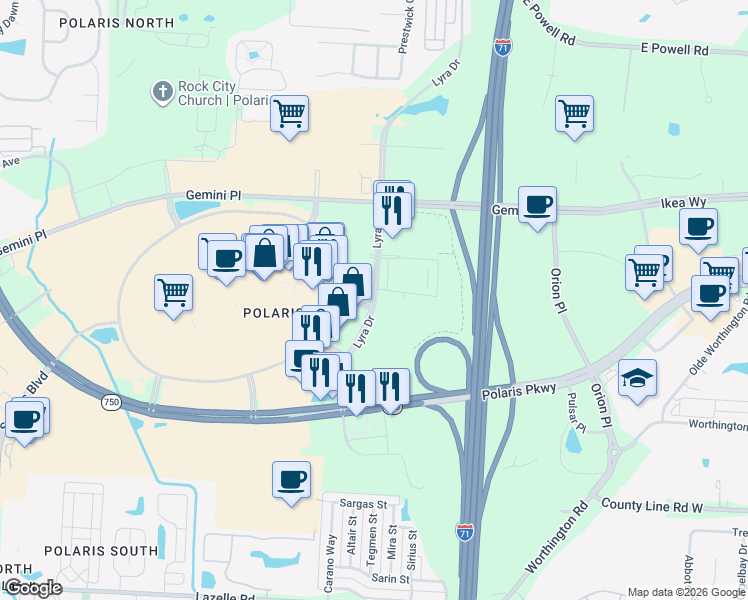 map of restaurants, bars, coffee shops, grocery stores, and more near 8737 Lyra Drive in Columbus