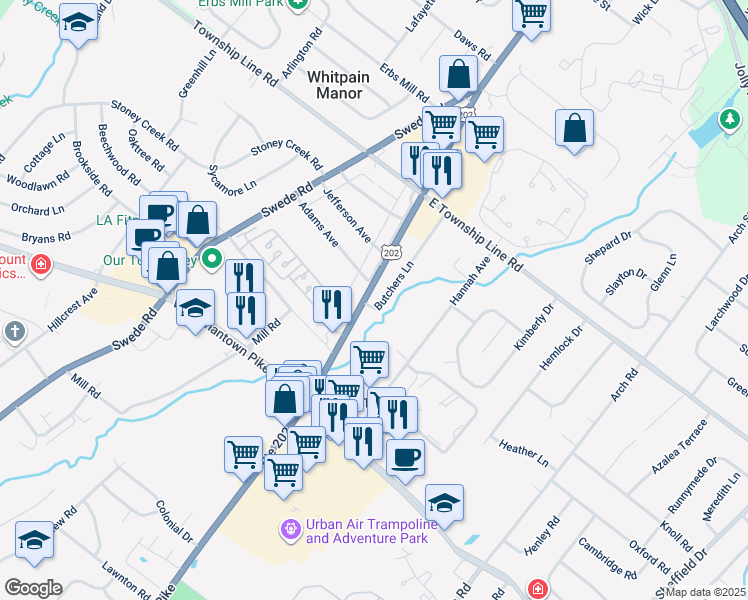 map of restaurants, bars, coffee shops, grocery stores, and more near 3002 Dekalb Pike in East Norriton