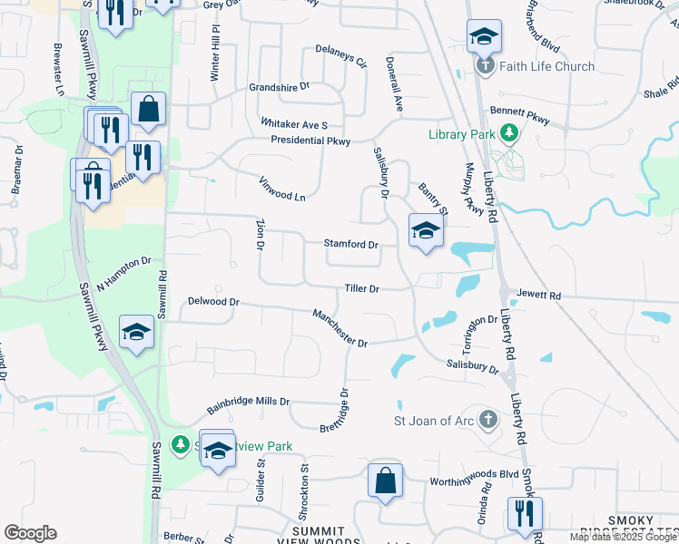 map of restaurants, bars, coffee shops, grocery stores, and more near 161 Tiller Drive in Powell