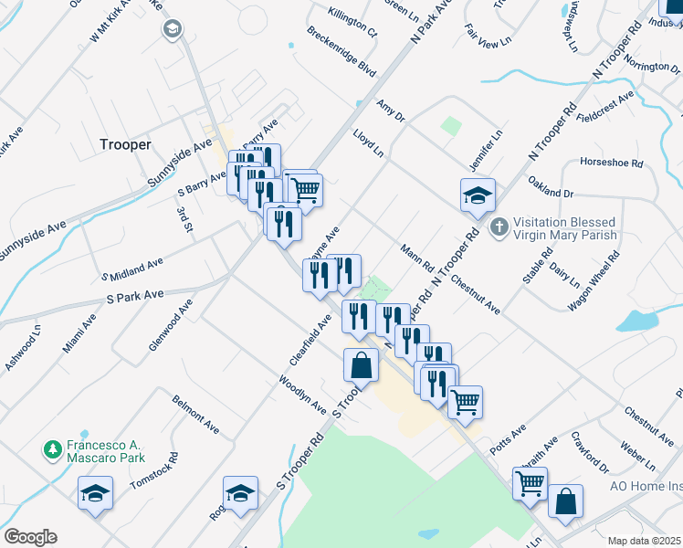 map of restaurants, bars, coffee shops, grocery stores, and more near 13 Evans Road in Eagleville