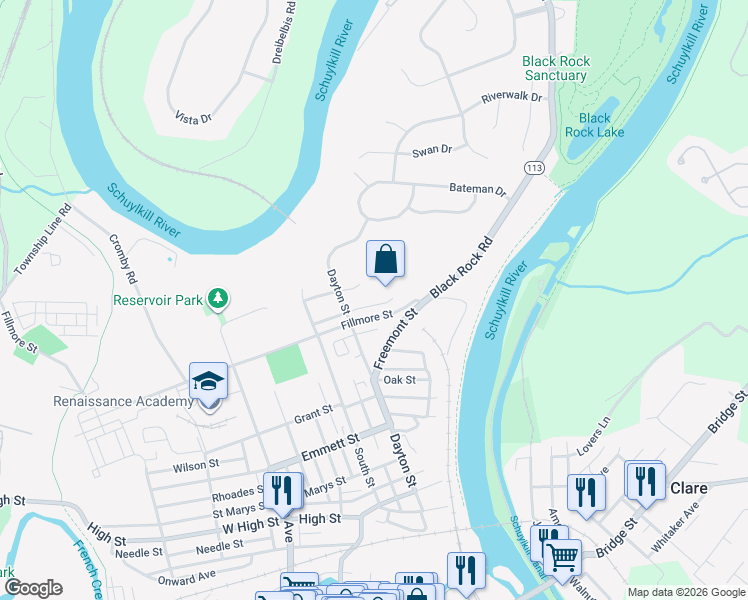 map of restaurants, bars, coffee shops, grocery stores, and more near 1033 Balley Drive in Phoenixville