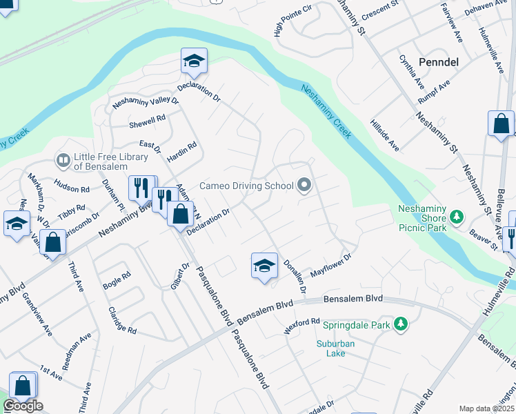 map of restaurants, bars, coffee shops, grocery stores, and more near 6316 Powder Horn Court in Bensalem