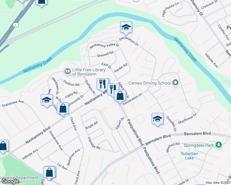 map of restaurants, bars, coffee shops, grocery stores, and more near 3437 Mansion Drive in Bensalem