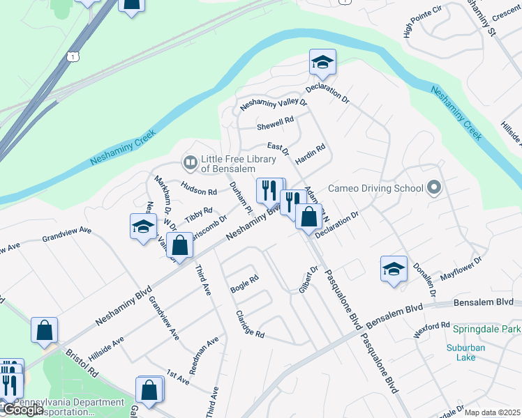 map of restaurants, bars, coffee shops, grocery stores, and more near 609 Durham Place in Bensalem