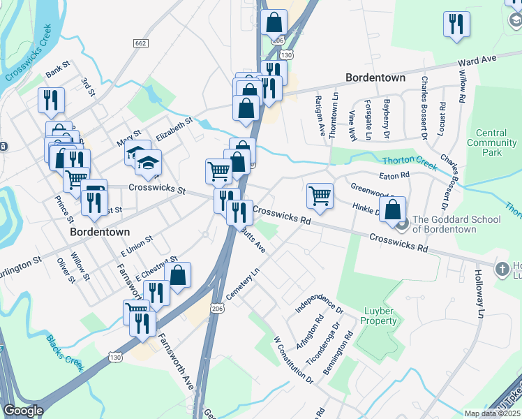 map of restaurants, bars, coffee shops, grocery stores, and more near 179A Crosswicks Road in Bordentown