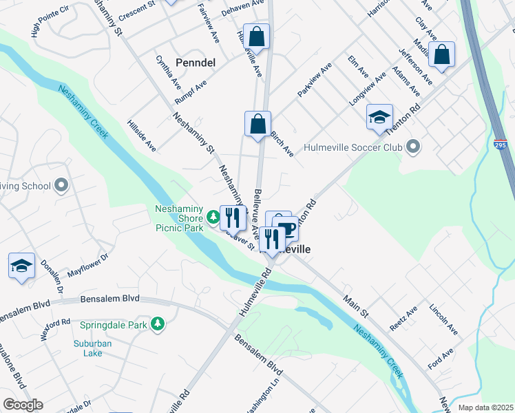 map of restaurants, bars, coffee shops, grocery stores, and more near in Hulmeville
