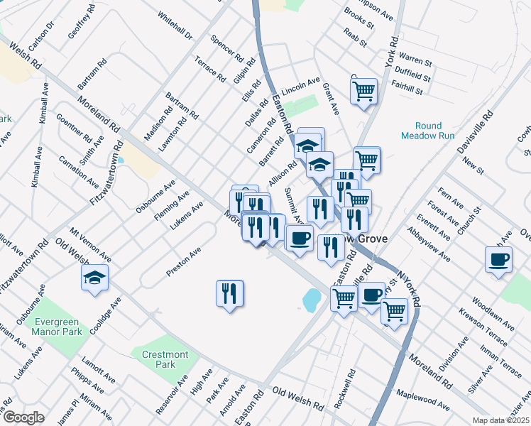 map of restaurants, bars, coffee shops, grocery stores, and more near 405 West Moreland Road in Willow Grove