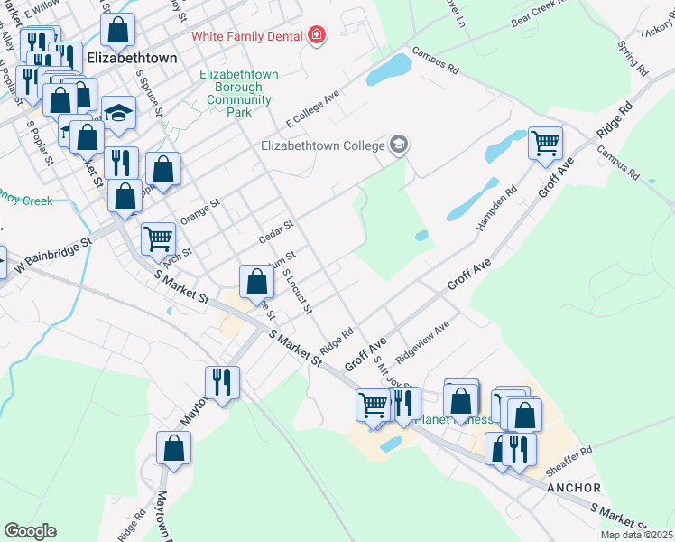 map of restaurants, bars, coffee shops, grocery stores, and more near 395 Lemon Street in Elizabethtown