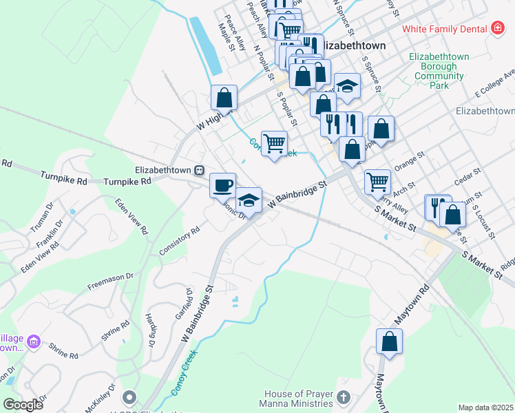 map of restaurants, bars, coffee shops, grocery stores, and more near 380 West Bainbridge Street in Elizabethtown