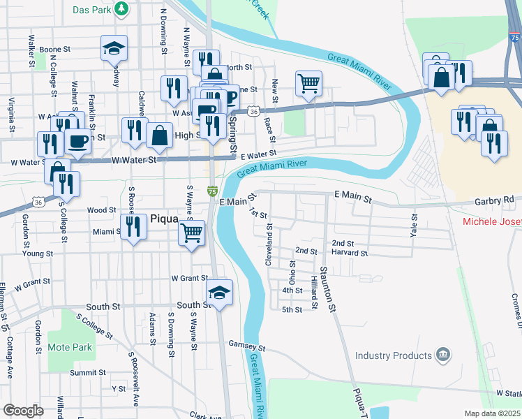 map of restaurants, bars, coffee shops, grocery stores, and more near 100 2nd Street in Piqua