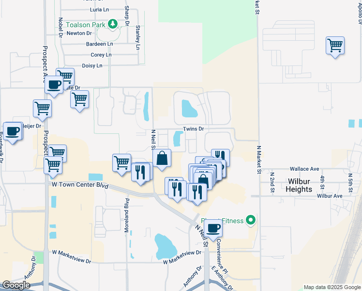 map of restaurants, bars, coffee shops, grocery stores, and more near 23 Thatcham Drive in Champaign