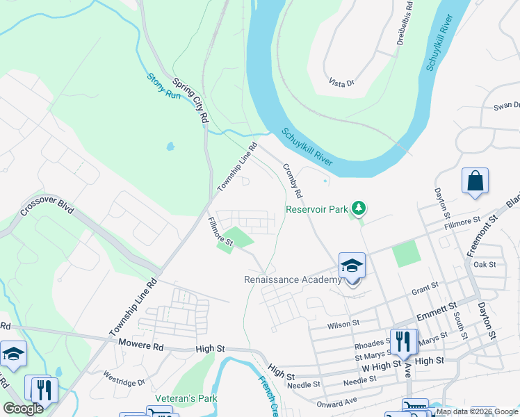 map of restaurants, bars, coffee shops, grocery stores, and more near 219 Dayton Street in Phoenixville