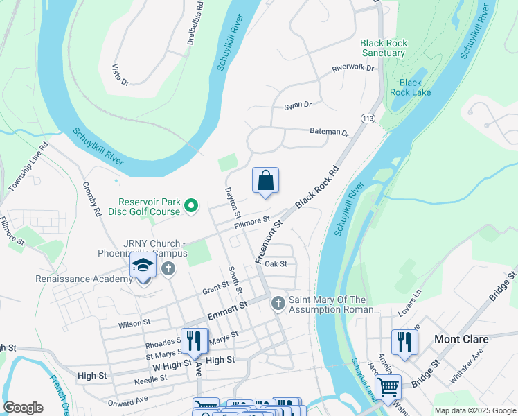map of restaurants, bars, coffee shops, grocery stores, and more near 1031 Balley Drive in Phoenixville