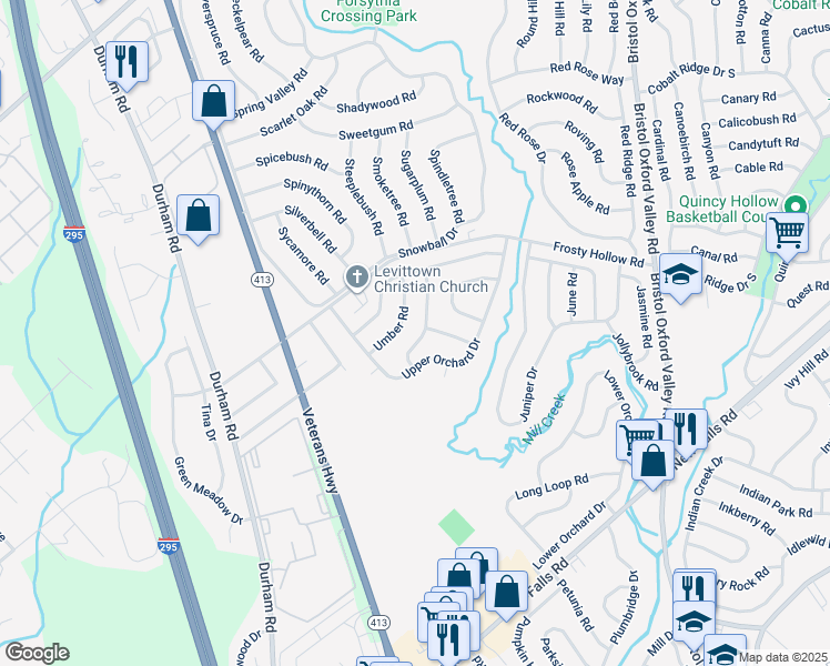 map of restaurants, bars, coffee shops, grocery stores, and more near 19 Underwood Road in Levittown