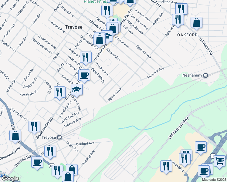 map of restaurants, bars, coffee shops, grocery stores, and more near 3676 Moosewood Avenue in Feasterville-Trevose
