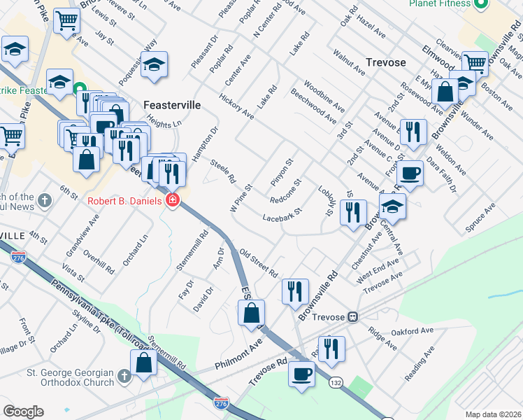 map of restaurants, bars, coffee shops, grocery stores, and more near 531 Lacebark Street in Feasterville-Trevose