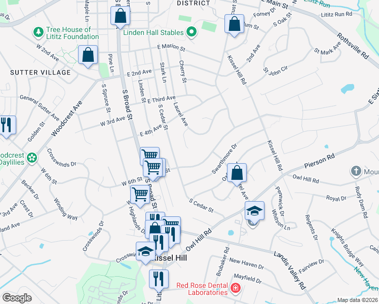 map of restaurants, bars, coffee shops, grocery stores, and more near 105 East 6th Street in Lititz