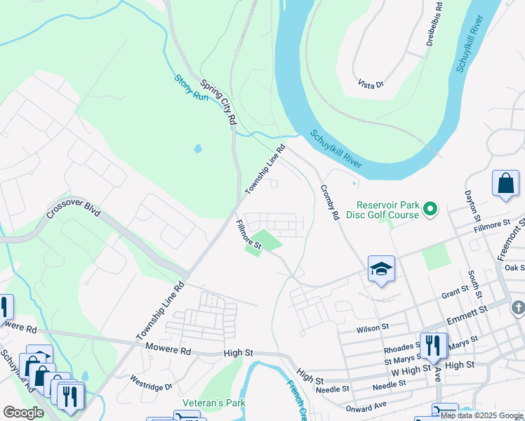 map of restaurants, bars, coffee shops, grocery stores, and more near 713 Platinum Drive in Phoenixville