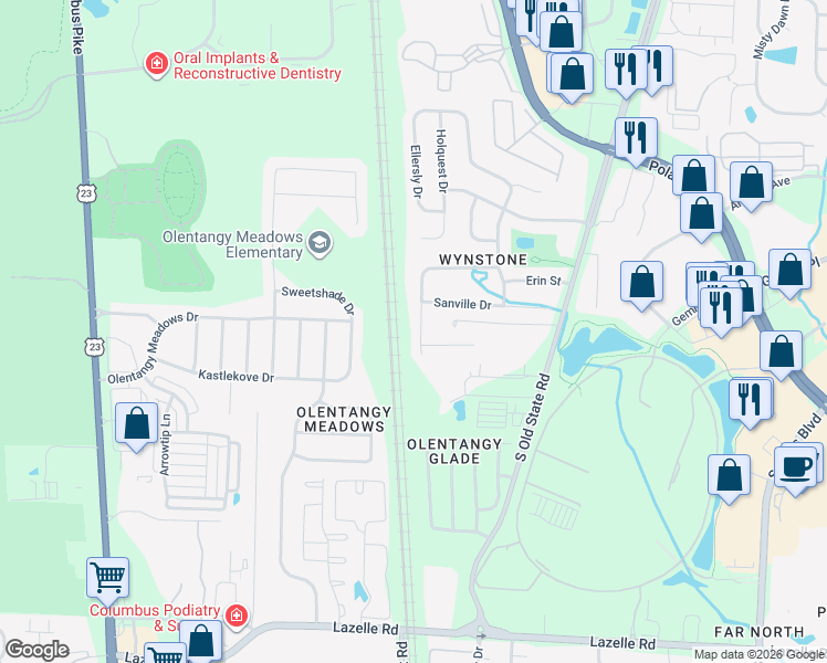 map of restaurants, bars, coffee shops, grocery stores, and more near 8821 Garrett Street in Lewis Center