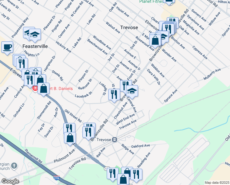 map of restaurants, bars, coffee shops, grocery stores, and more near 1323 East Pine Street in Trevose