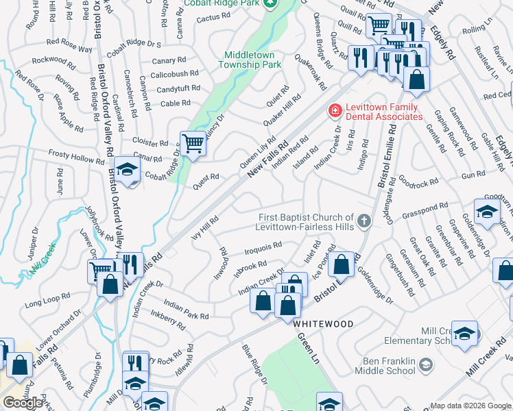 map of restaurants, bars, coffee shops, grocery stores, and more near 29 Idolstone Road in Levittown