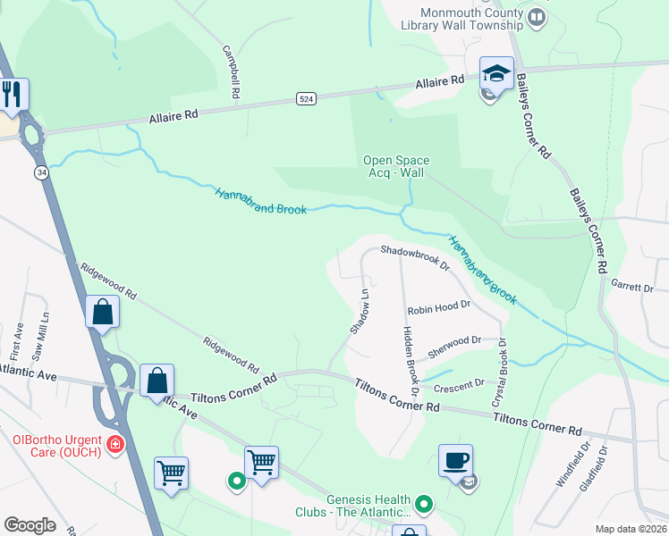 map of restaurants, bars, coffee shops, grocery stores, and more near 2128 Shadow Lane in Wall Township