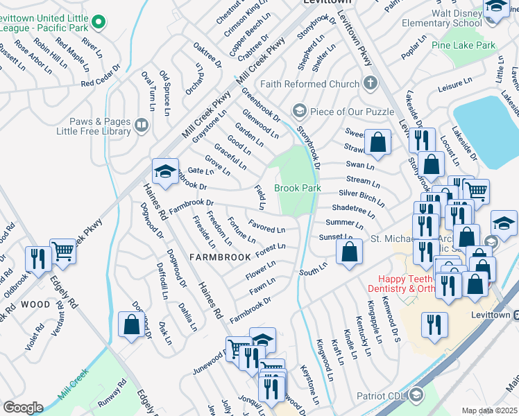 map of restaurants, bars, coffee shops, grocery stores, and more near 11 Field Lane in Levittown