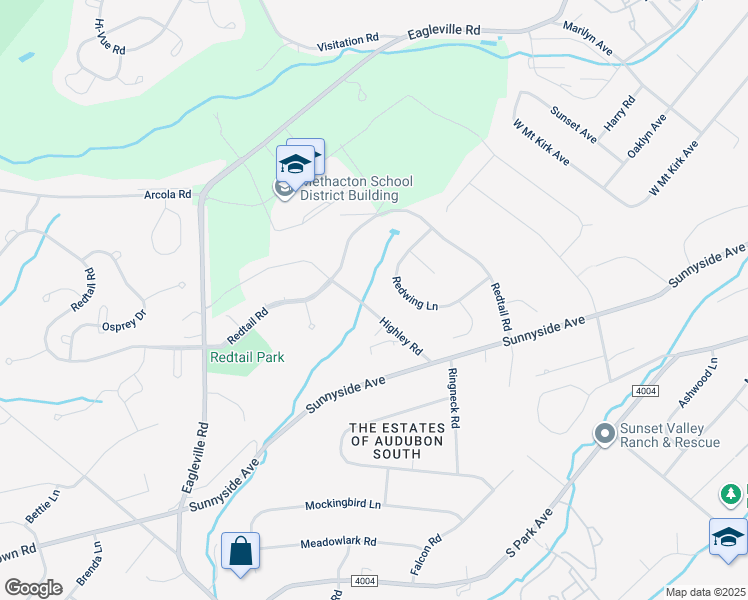 map of restaurants, bars, coffee shops, grocery stores, and more near 3037 Highley Road in Audubon